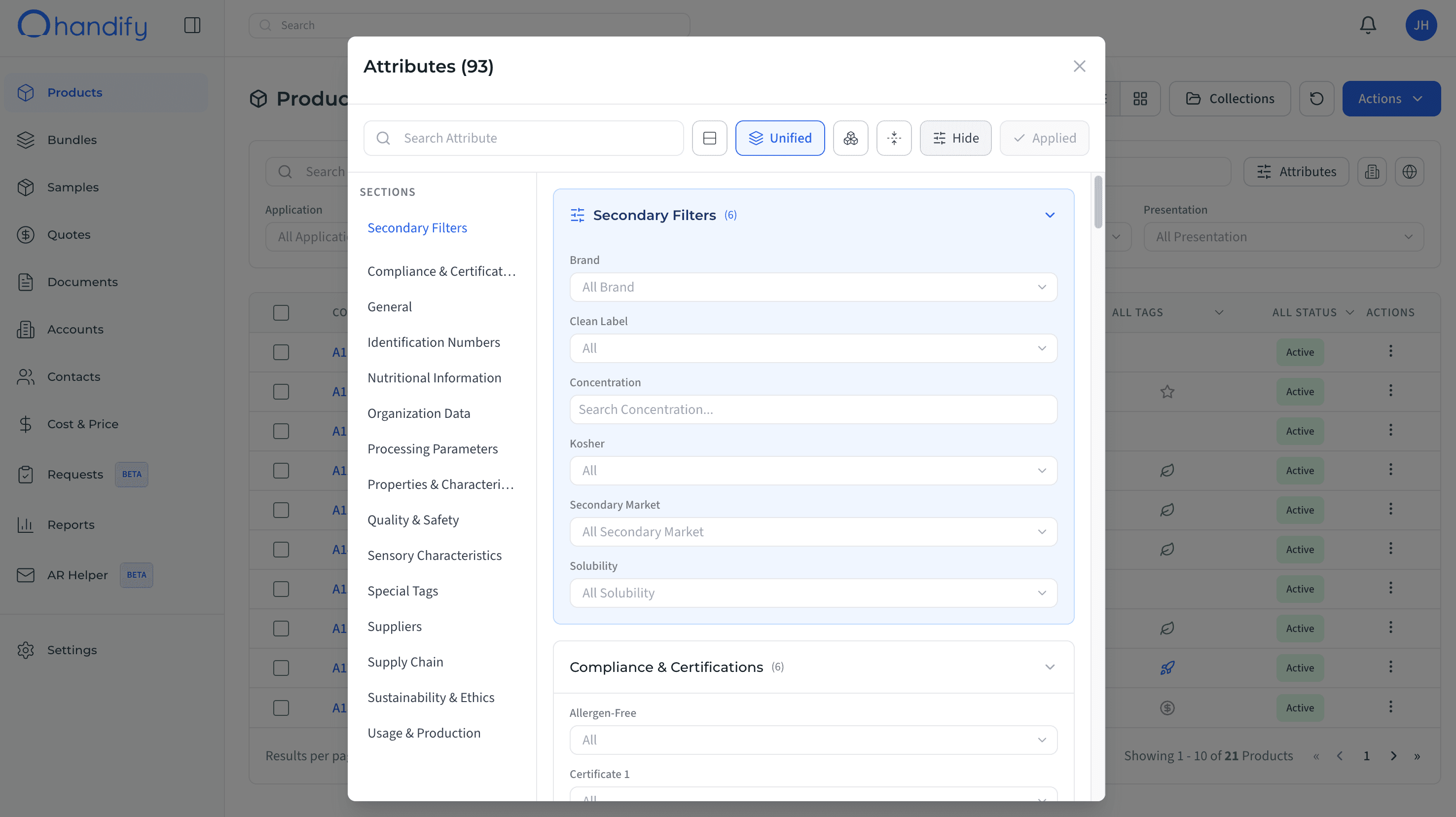 handify application interface showing product management and filtering capabilities